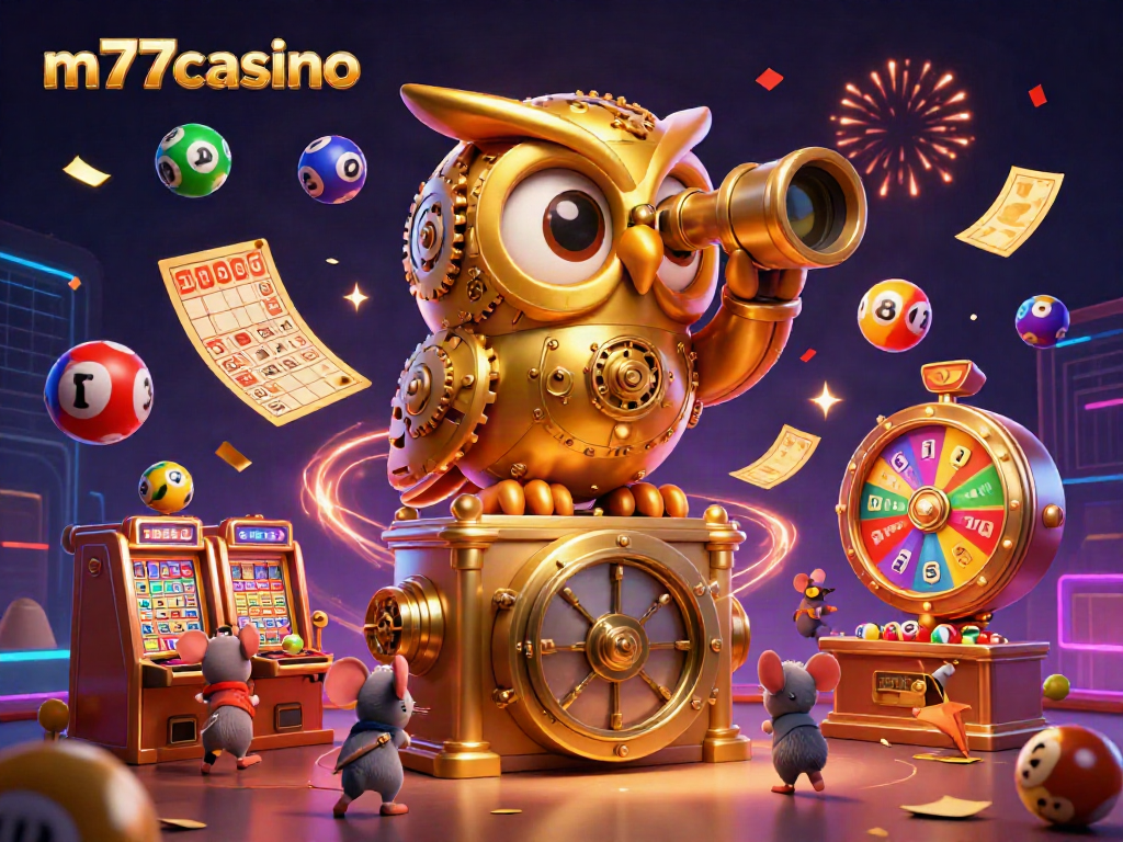 Ilustrasi 3D m77casino dengan burung hantu emas dan permainan lotere yang meriah.