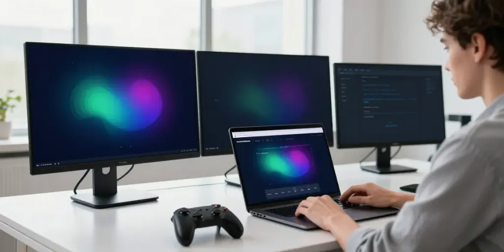 Gambar pengguna melakukan KANTORBOLA login di ruang kerja modern dengan laptop dan perangkat gaming.