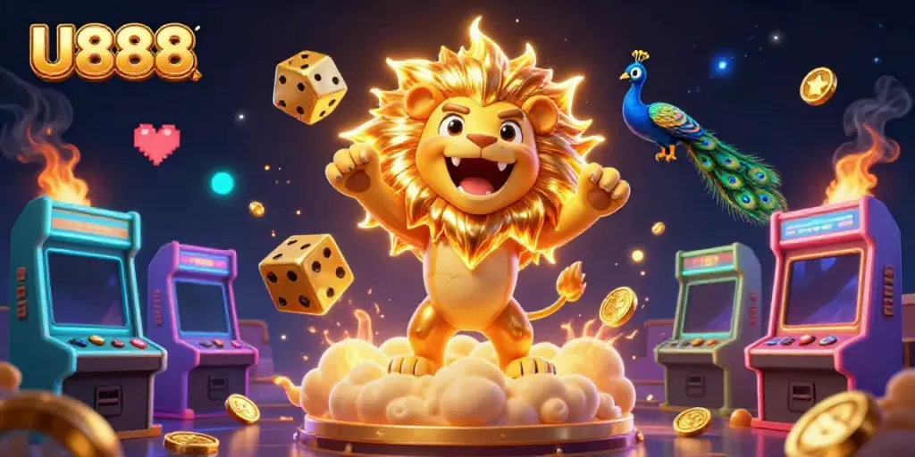 Engage with U888 as the sun lion roars atop golden clouds amidst vibrant game visuals.