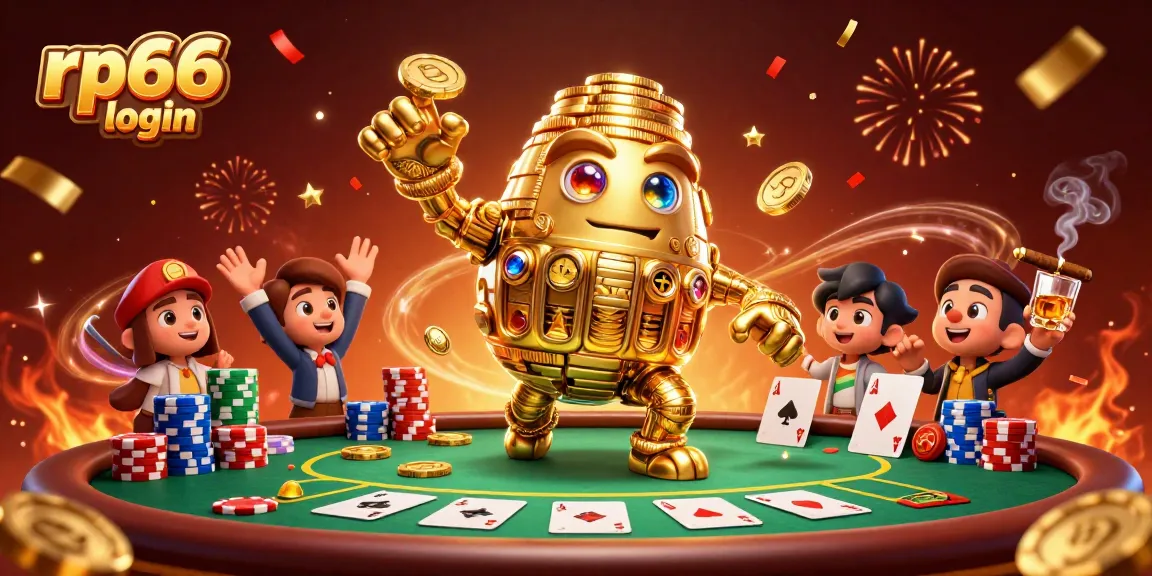 Engage with rp66 login at the vibrant online casino, showcasing a golden golem and poker elements.