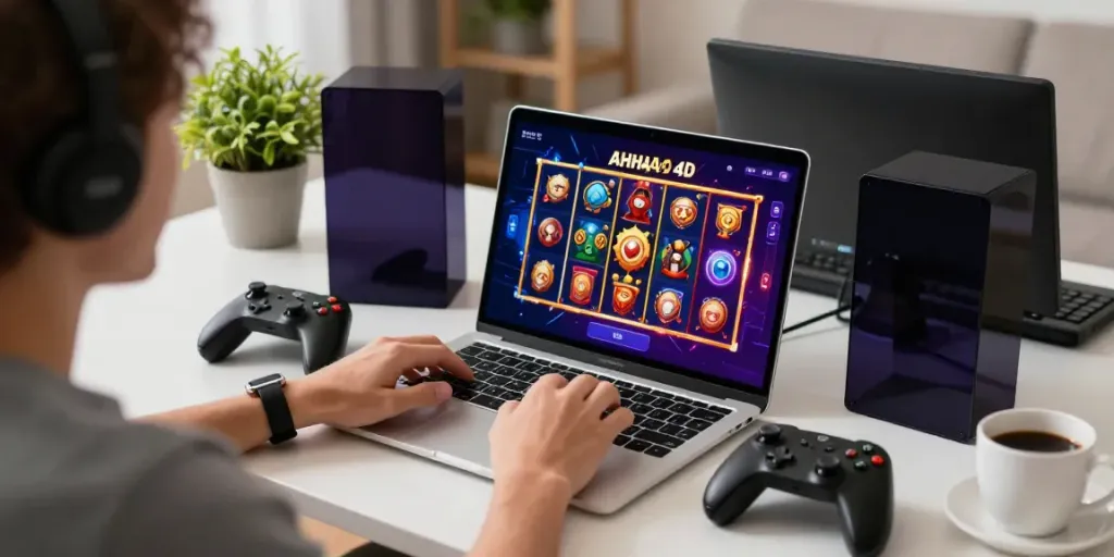 Engaging scene of a user playing slot 4D games on a laptop with colorful graphics.