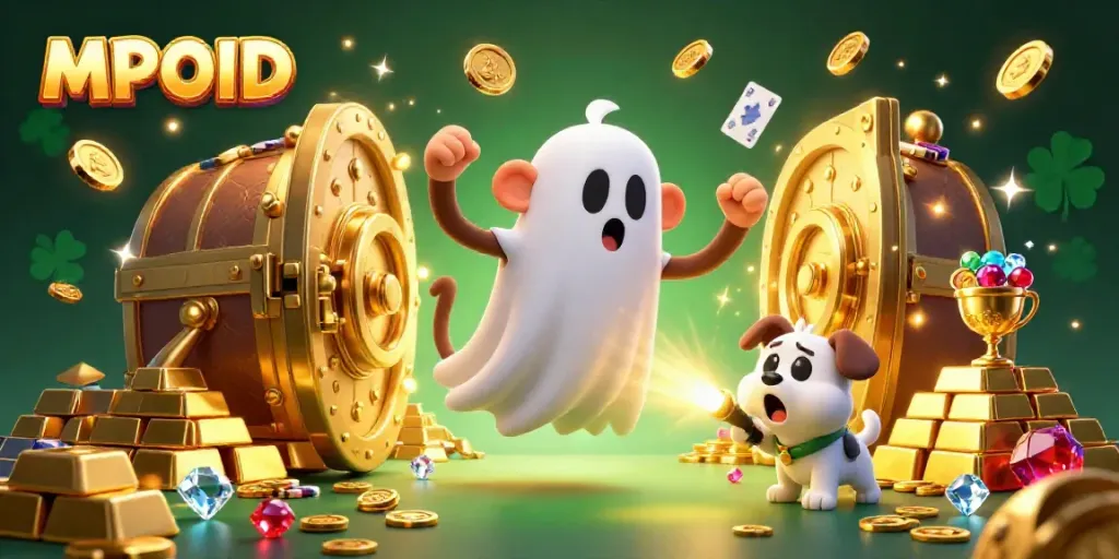 Engage with MPOID in a vibrant casino scene featuring mischievous ghostly characters juggling golden treasures.