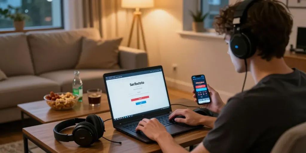 Login ke Seributoto dengan nyaman di ruang tamu modern, didampingi aksesori permainan.