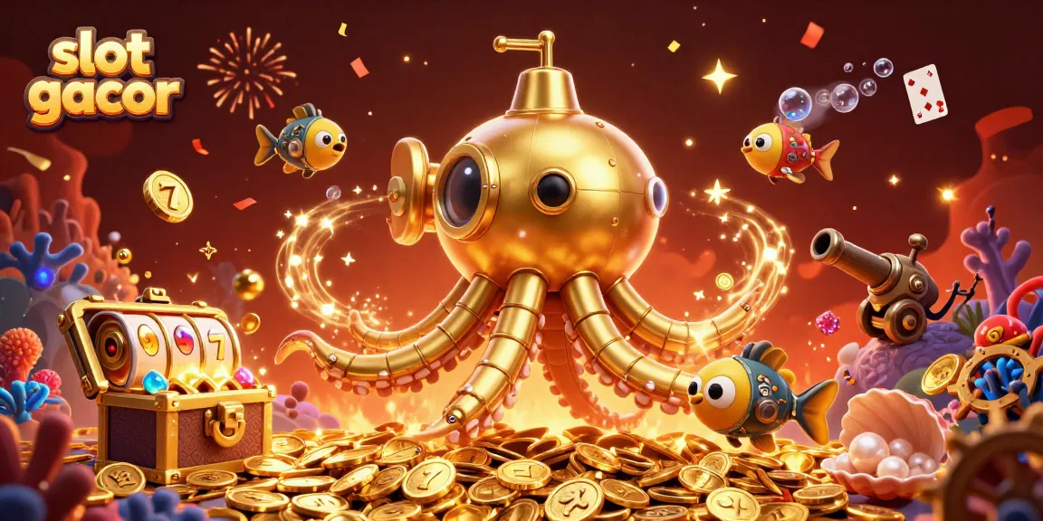 Engage with slot gacor action featuring a golden kraken submarine amidst treasures and gaming elements.