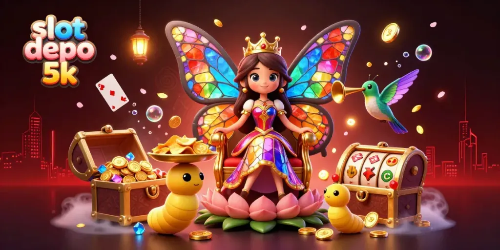 Experience winning thrills with slot depo 5k in a vibrant 3D casino scene filled with colorful elements.