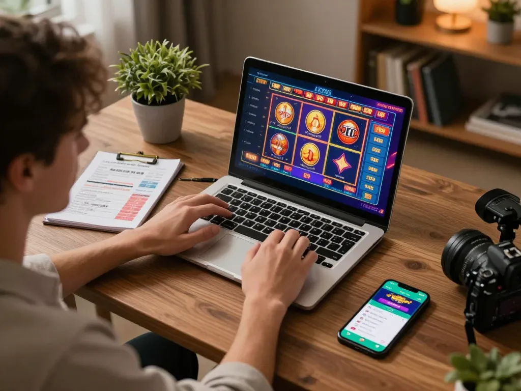 Engage in online casino gaming at fly88, showcasing vibrant game graphics on a laptop.