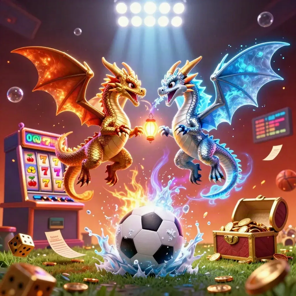 Dua naga emas dan perak terbang dengan bola, mesin slot, dan cahaya neon mewah.
