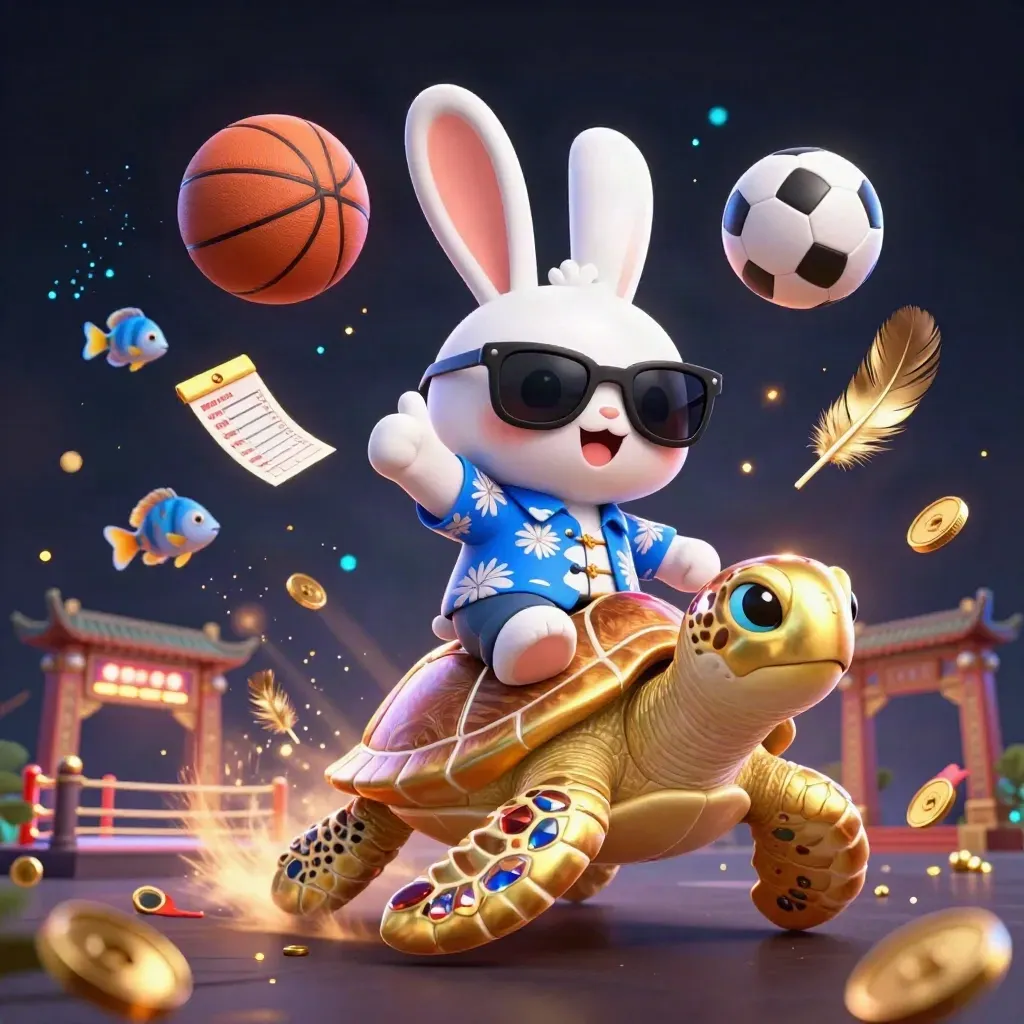 Kelinci kartun di kura-kura emas dikelilingi bola basket, koin, dan kilau neon.