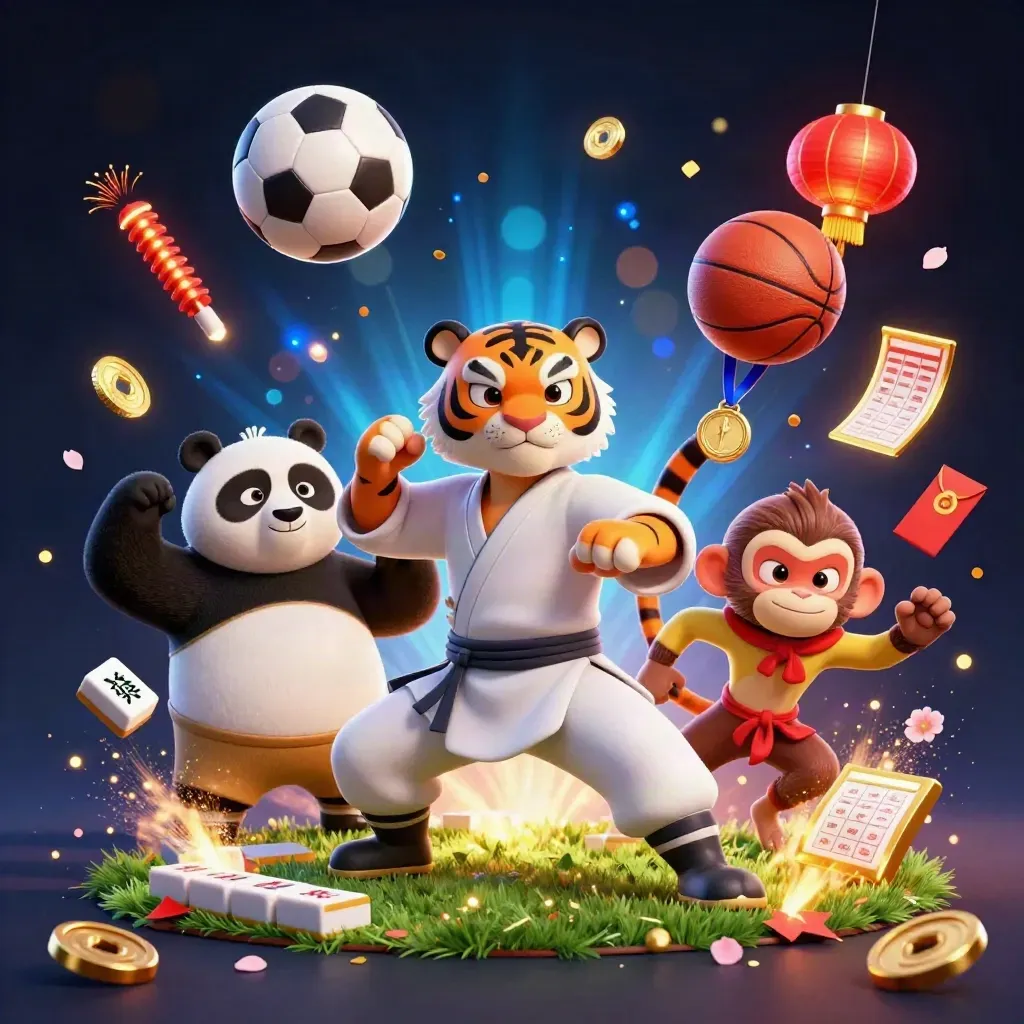 Harimau kung-fu, panda, dan monyet di tengah bola, lampion, serta kilau emas.