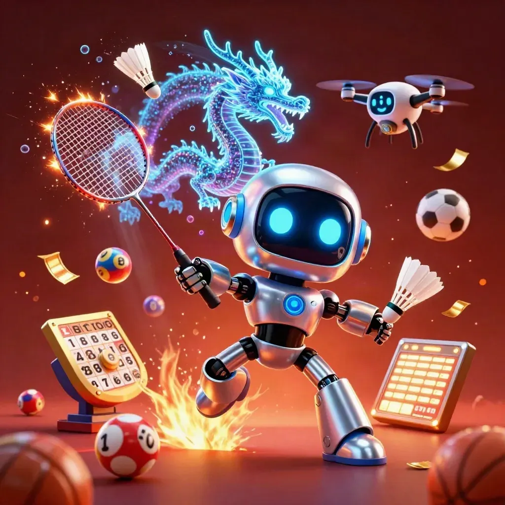 Robot cyberpunk, naga holografik, dan drone di ledakan elemen taruhan bercahaya.