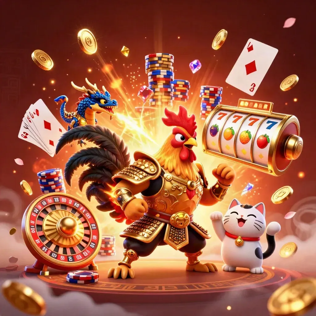 Ayam samurai, naga kecil, dan kucing keberuntungan di ledakan koin emas.