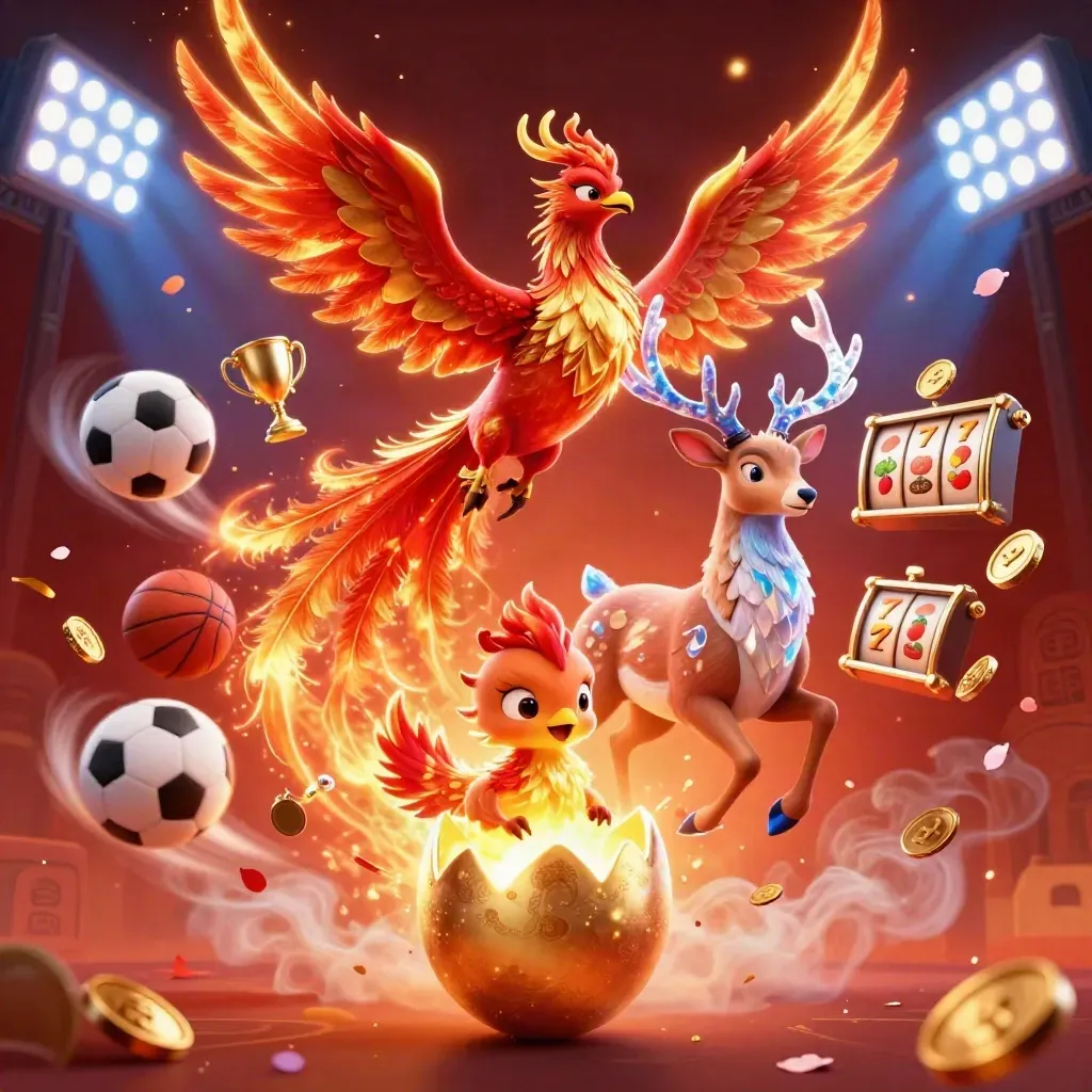 Phoenix, rusa kristal, dan bayi phoenix meledak di tengah koin, bola, dan efek neon merah.