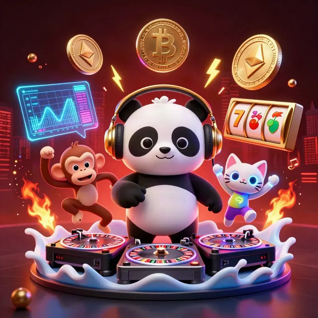 Panda DJ, monyet breakdance, dan anak kucing rave dikelilingi koin kripto dan efek neon merah.