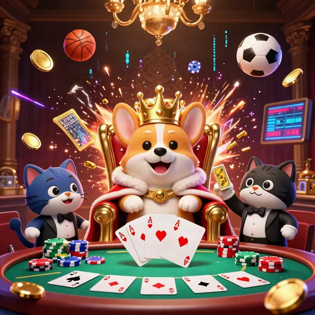 Kucing butler dan corgi mahkota di kursi chip, koin emas dan efek cahaya kasino