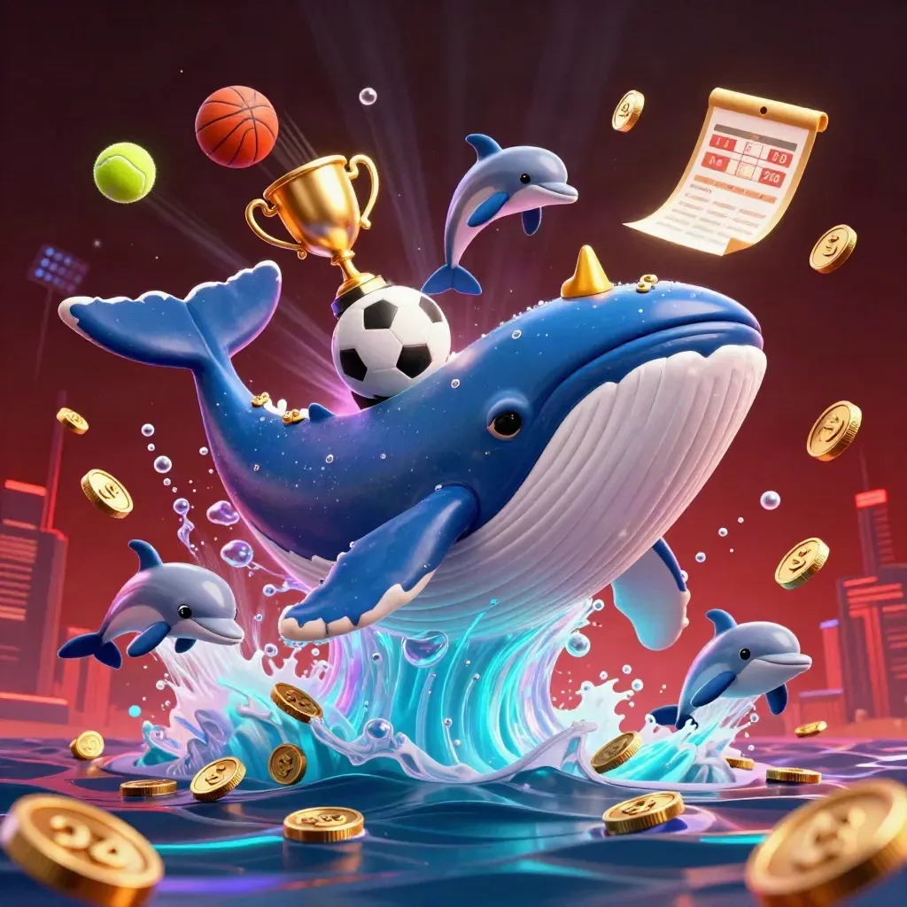 Paus kapten, narwhal, dan lumba-lumba melesat di lautan koin emas dengan bola olahraga.