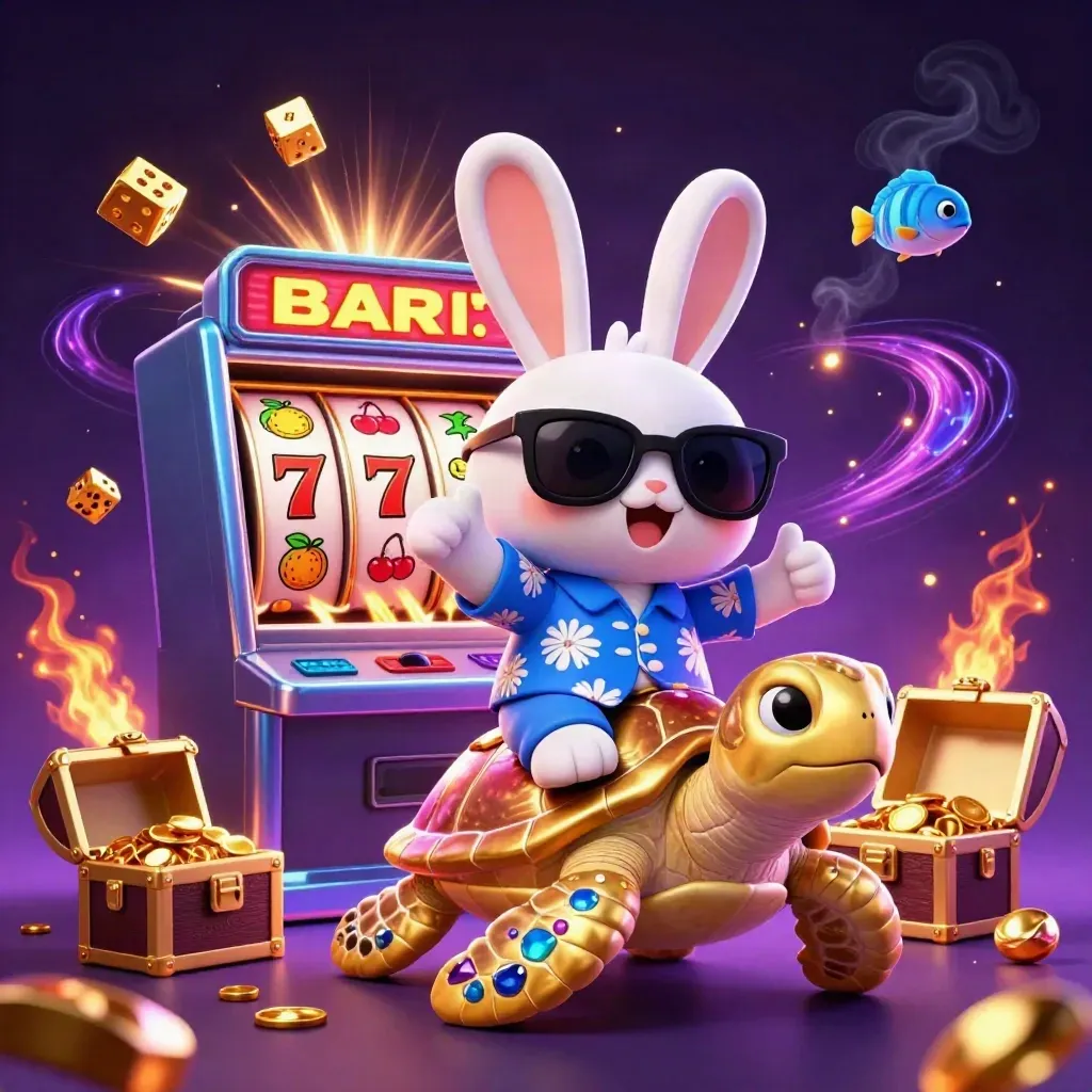 Kelinci kartun di kura-kura emas dikelilingi simbol slot, dadu, peti harta, dan kilau kasino.
