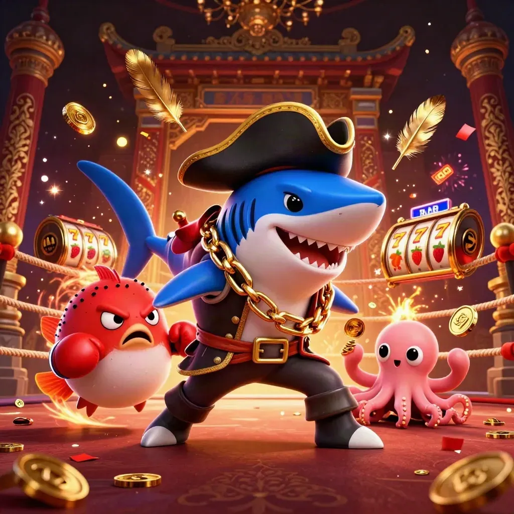 Hiu bajak laut, ikan buntal, dan gurita kecil di arena emas, efek slot kasino meledak.
