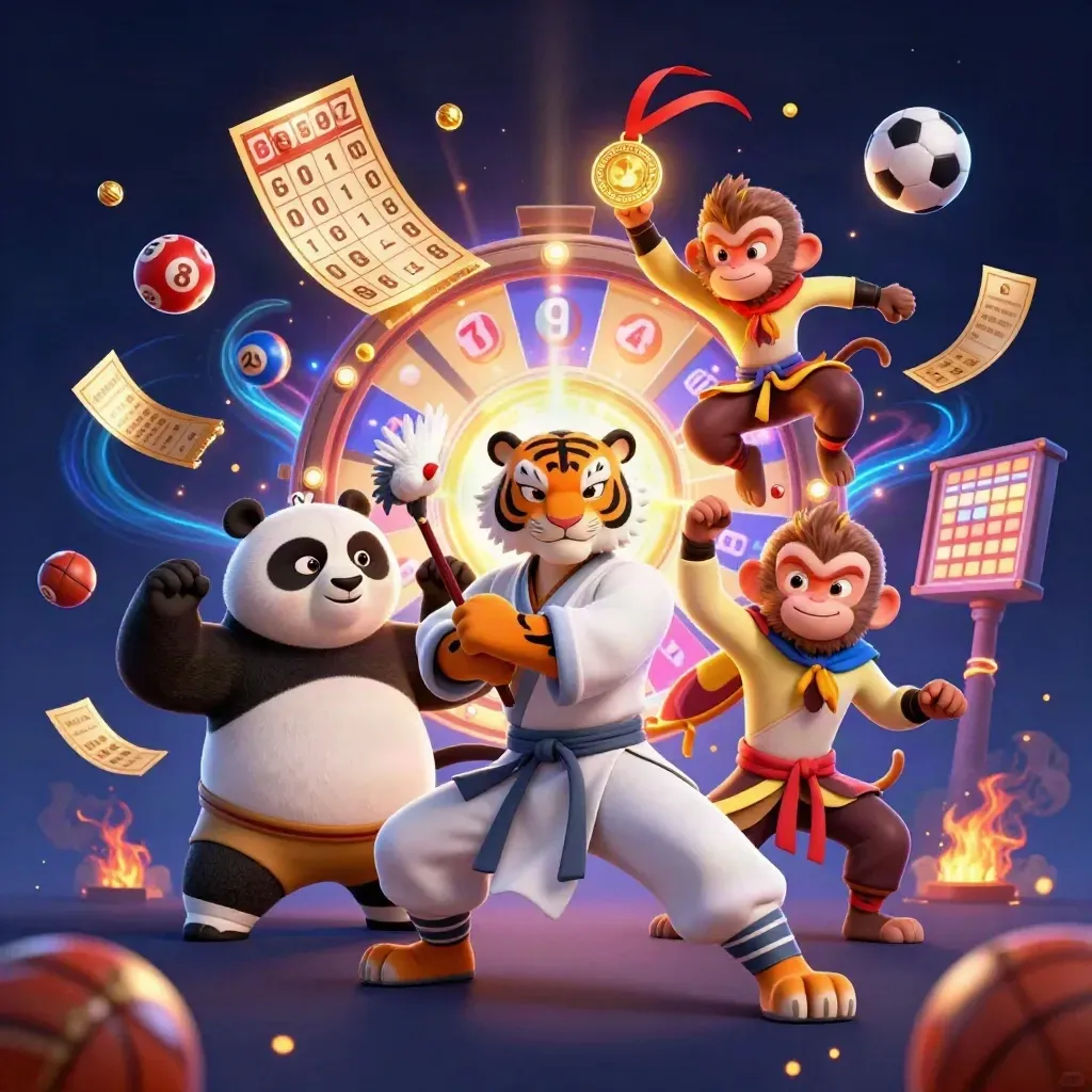 Harimau kung-fu, panda, dan monyet berebut medali emas di antara bola lotre dan efek neon.