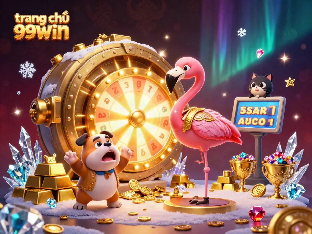 Experience the thrill at trang chủ 99WIN with an exciting game show scene featuring a flamingo host and winning prizes.