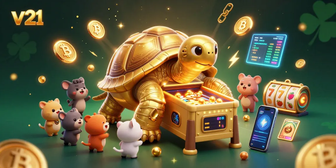 Mainkan v21 slot sambil dikelilingi karakter lucu, koin crypto, dan efek menarik.