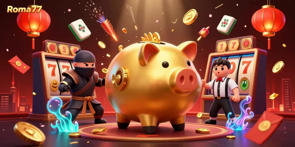 Engage in winning with Roma77's vibrant casino illustration featuring unique slot games and characters.