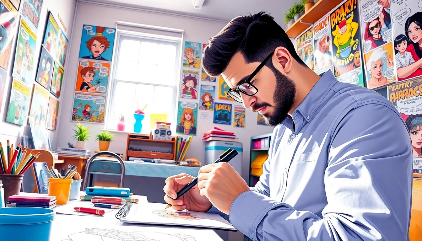 Gambar backomik menunjukkan seorang kartunis menggambar karakter komik di studio.