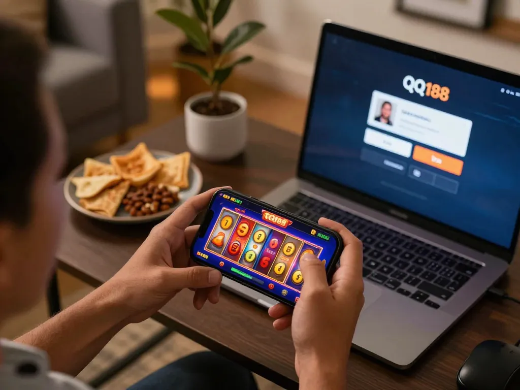 Permainan QQ188 Slot yang menarik di smartphone dalam pengaturan permainan rumah yang nyaman, gulungan slot yang cerah siap untuk diputar.