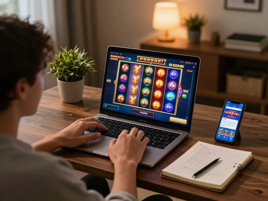 Engaging in a thrilling demo slot game experience on a laptop, showcasing vibrant visual excitement.