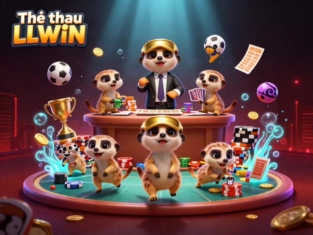 Thể thao LLWIN showcases meerkats managing a vibrant casino game environment filled with trophies and betting slips.