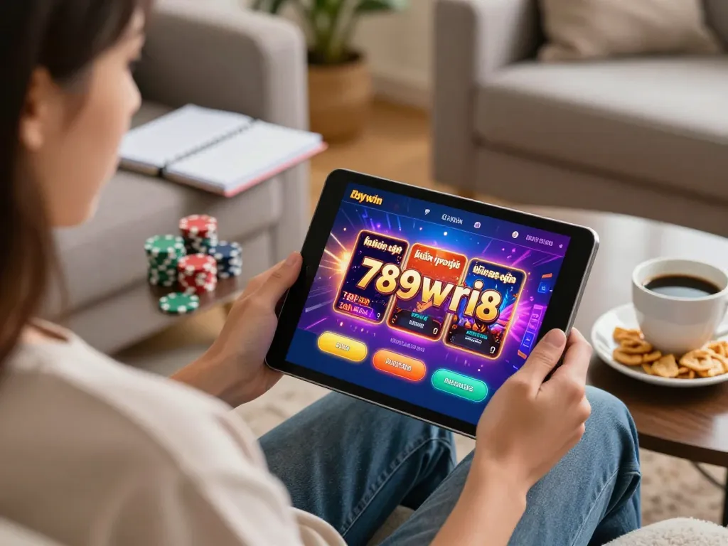 Engaging online gaming moment featuring khuyến mãi 789win on a tablet, with snacks and drinks creating an inviting atmosphere