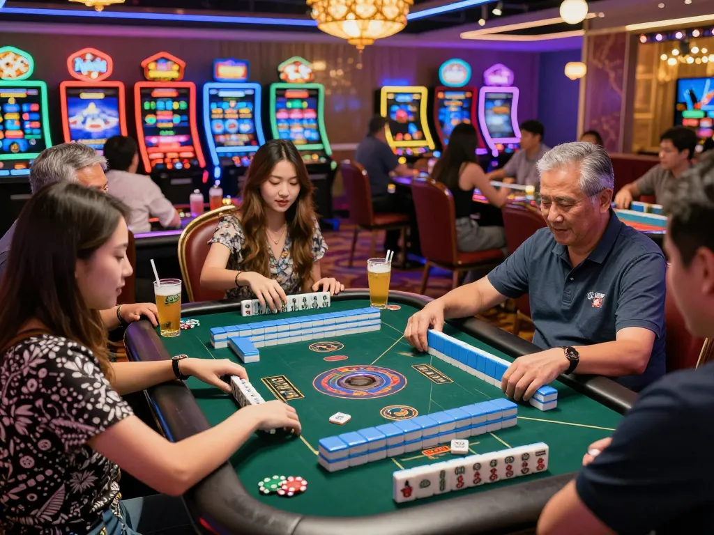 Pemandangan permainan pola andalan mahjong ways dengan pemain di meja kasino yang ramai, menampilkan strategi dan excitement.