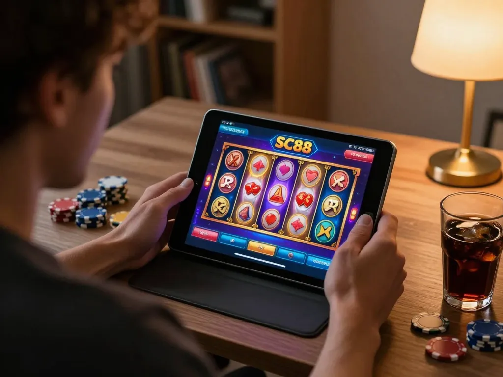 Engaged player exploring SC88 casino app on tablet, colorful slot game vibrant on screen, cozy home gaming atmosphere.