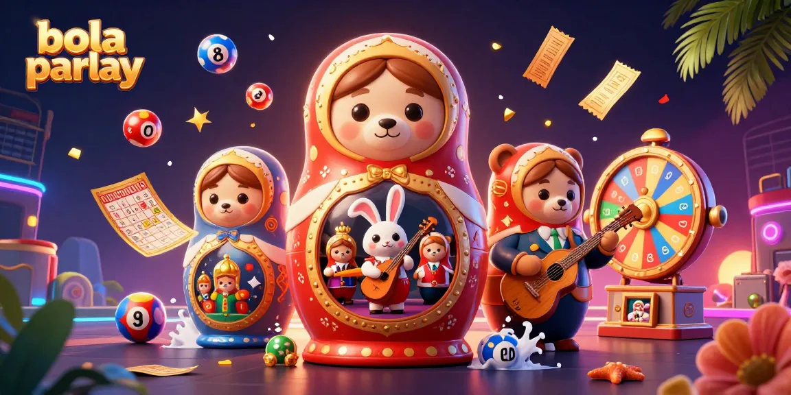 Mampangkan bola parlay dengan kartun 3D beruang Matryoshka dan elemen permainan kasino yang berwarna-warni.