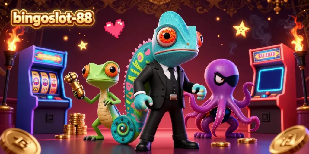 Jelajahi serunya bingoslot-88 dengan permainan slot berwarna-warni dan karakter unik dalam suasana kasino yang hidup.