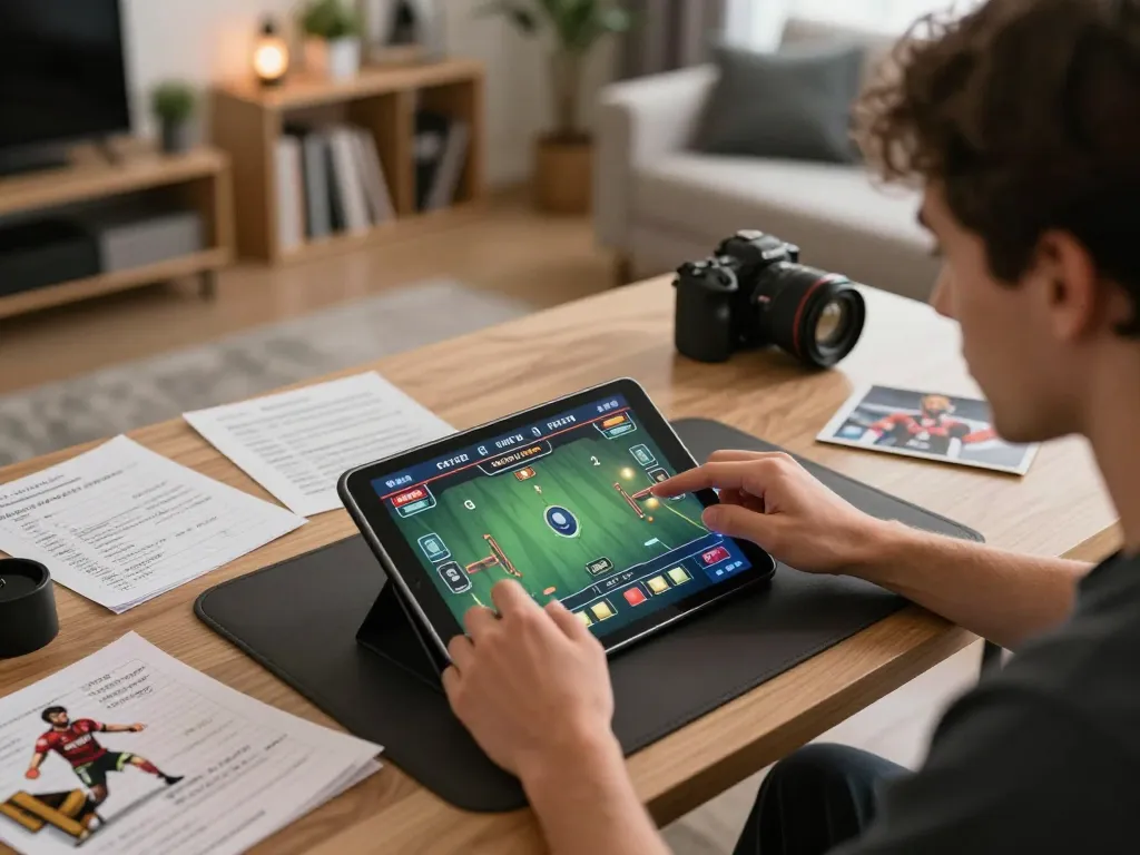 Engaging in live dealer games with jangkar55 on a tablet in a modern home office.