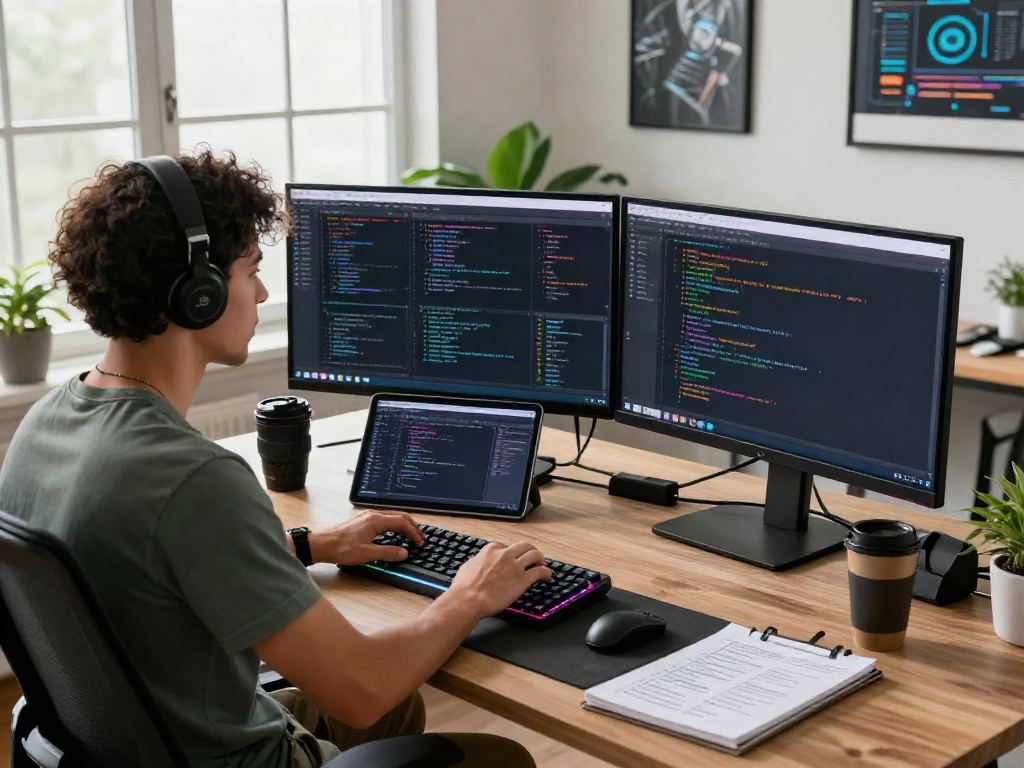 Programmer sedang bekerja di ruang kerja modern dengan dua layar, kode SGA33 dan gadget teknologi lainnya.