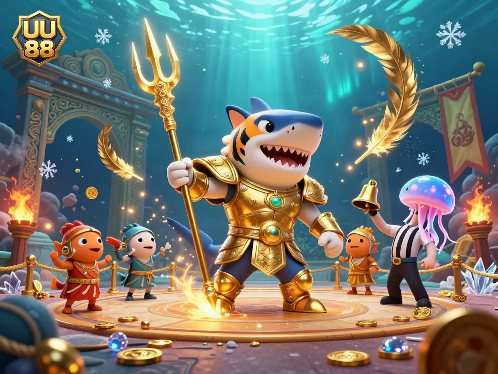 Experience thrilling underwater action with UU 88, featuring a shark gladiator and vibrant aquatic elements.