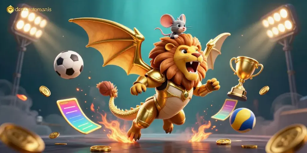 Bet on excitement with densustotomanis showcasing a triumphant chimera and dynamic sports elements.