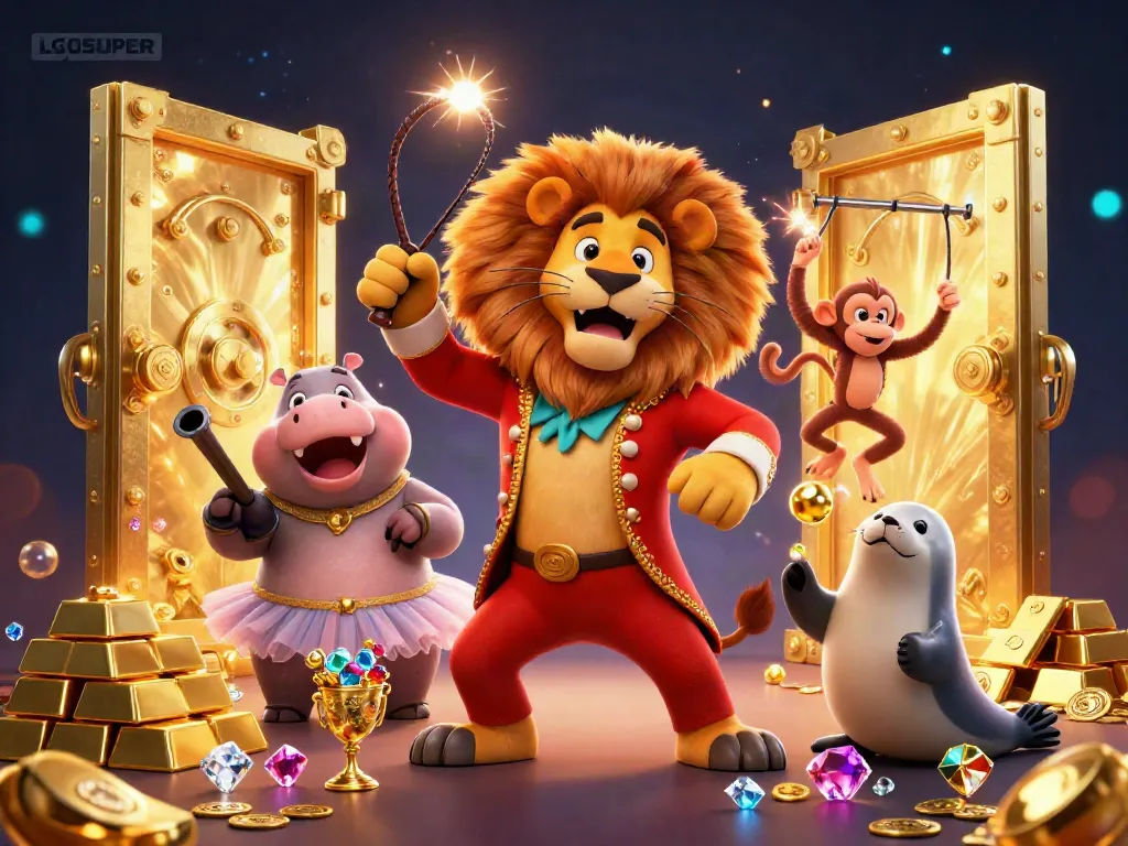 Engage with LGOSUPER's thrilling casino vibes as a lion ringmaster leads a lively circus of chance.