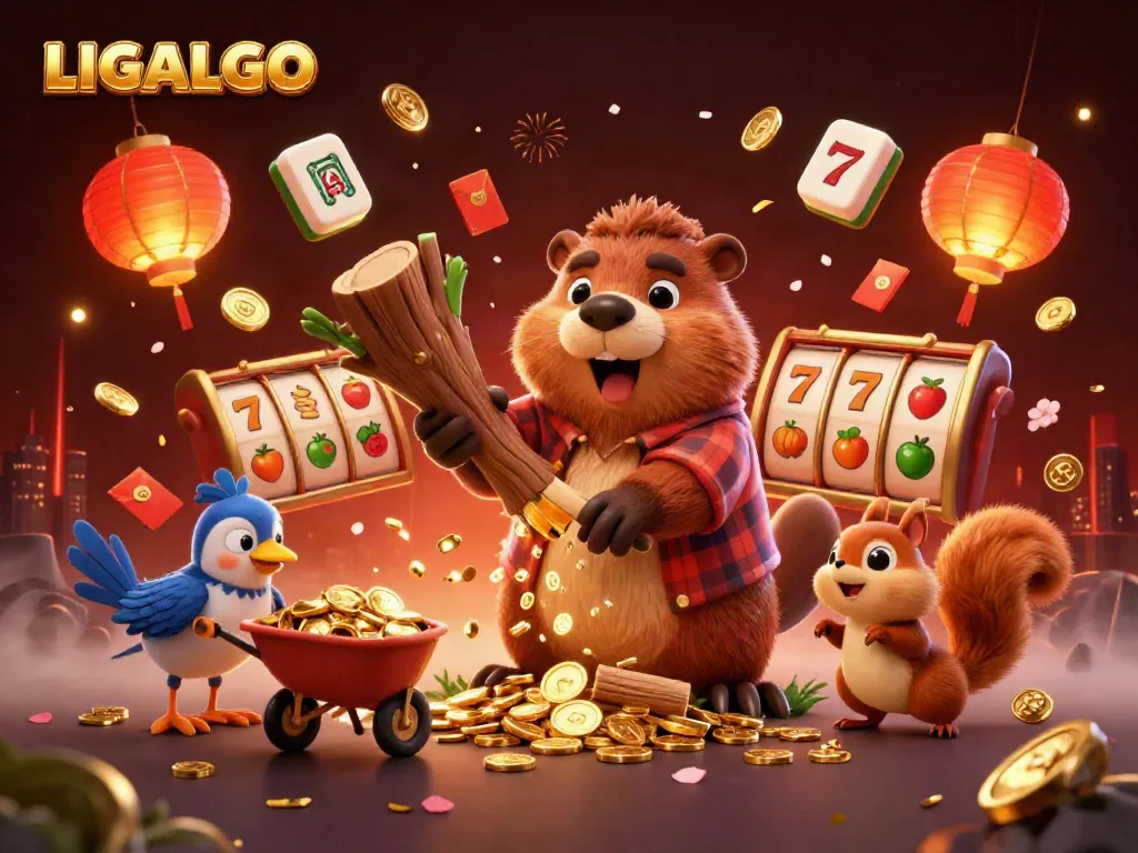 LIGALGO showcases a vibrant cartoon scene with animated characters celebrating wealth through slots and gold coins.