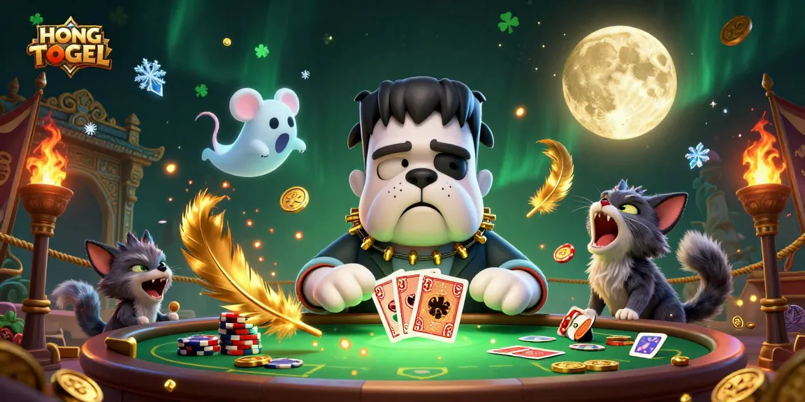 Menang dengan HONGTOGEL, gambar kartun kasino dengan karakter unik dan efek dramatis.