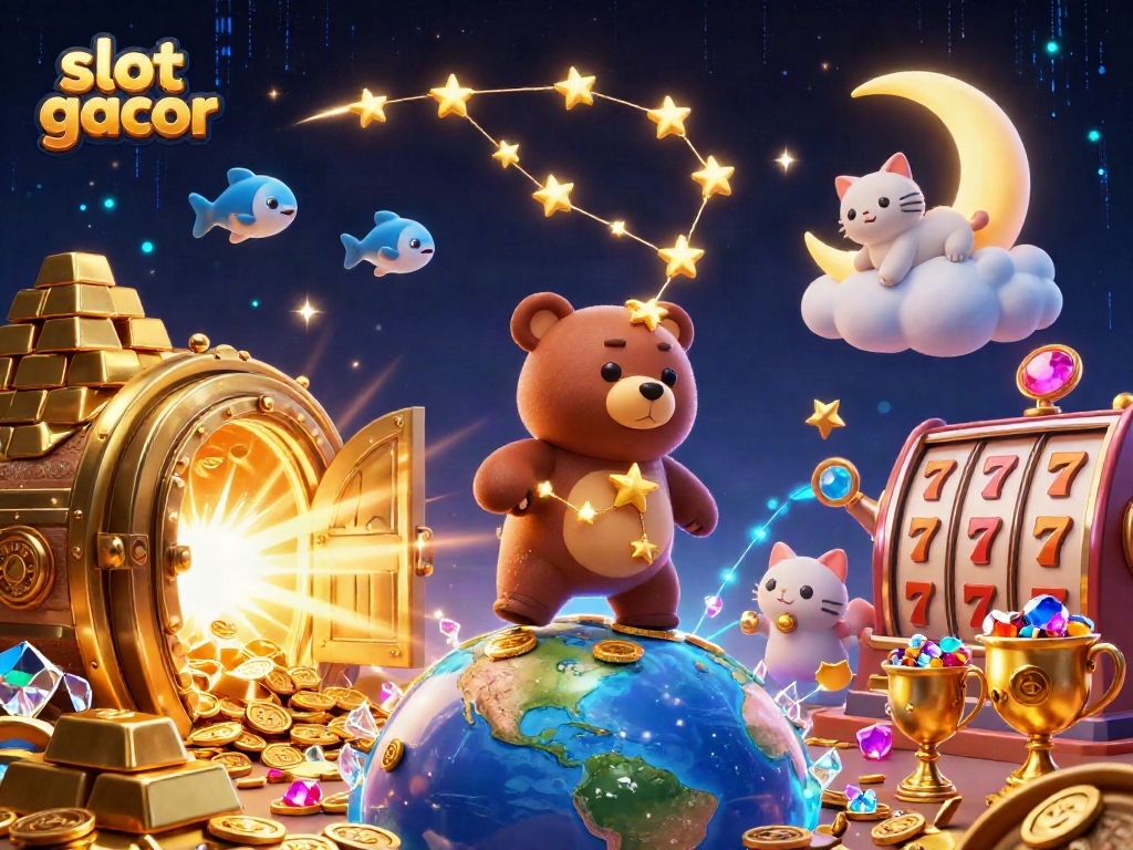 Slot gacor menampilkan beruang bintang meraih koin dari Bumi di bawah bulan sabit saat bermain.