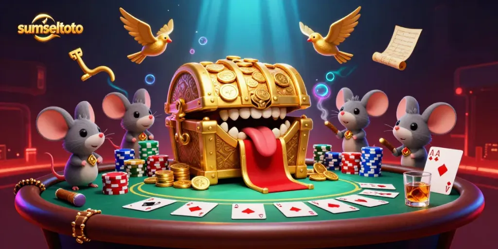 Engage with sumseltoto's thrilling gaming scene filled with golden treasures and poker excitement.