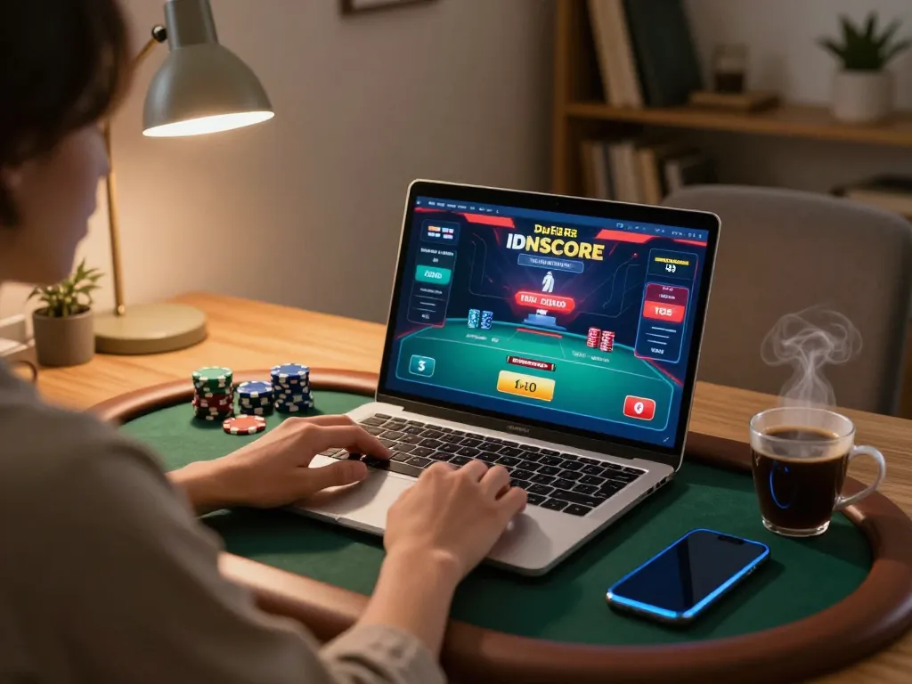 Engaged player using Daftar IDNSCORE on laptop for a thrilling online poker session with warm home decor.