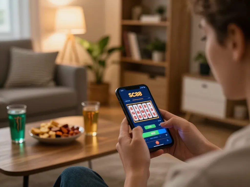 Engaging gameplay on SC88 app with a smartphone in a cozy home setting.