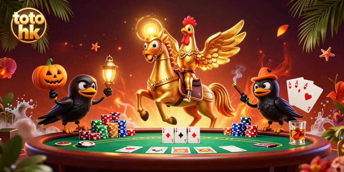 Permainan toto hk yang seru dalam kasino malam, dipenuhi kartu dan chip poker berwarna-warni.