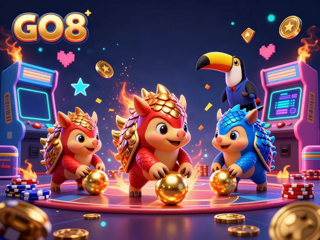 Engage in the GO 8 casino showdown featuring rival pangolins in a vibrant gaming scene.