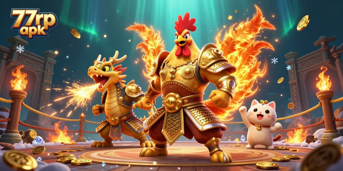 Engage with the 77rp apk by navigating a fierce rooster warrior and dragon in an immersive gaming arena.