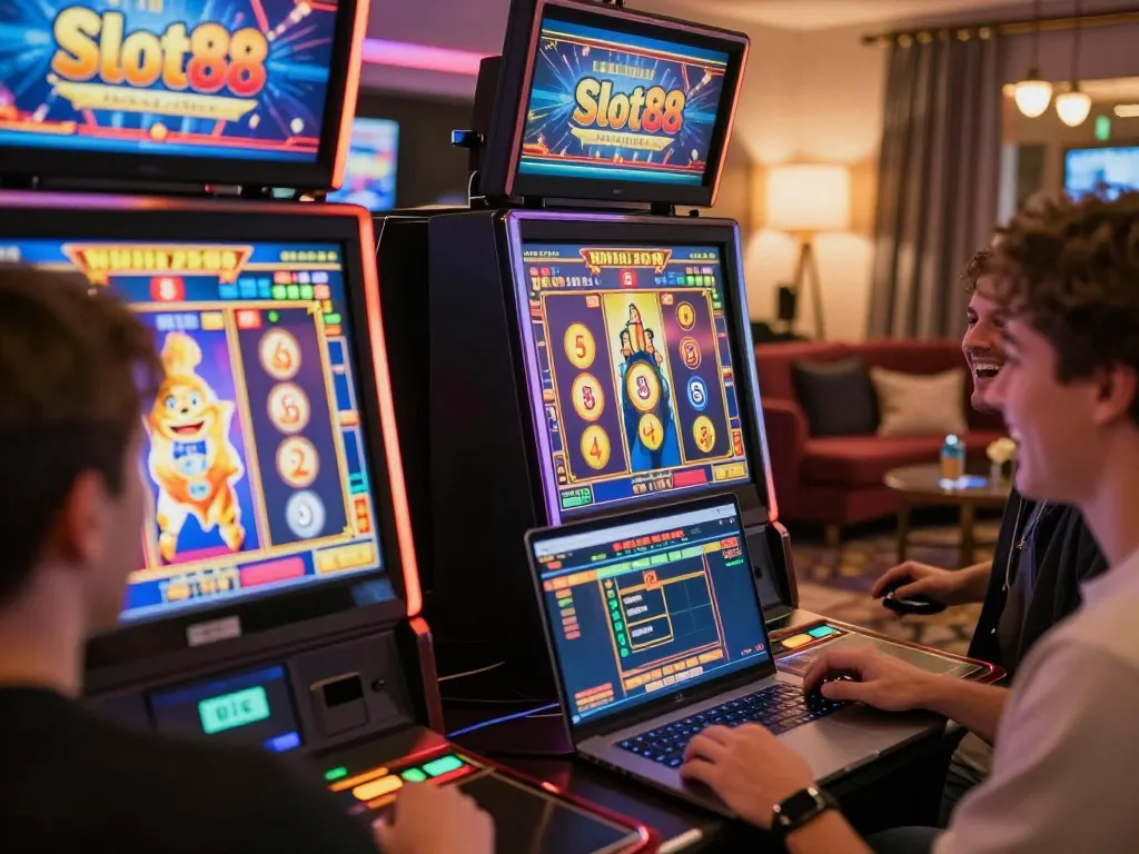Players celebrating wins on Slot88 machines during online gaming session at home.