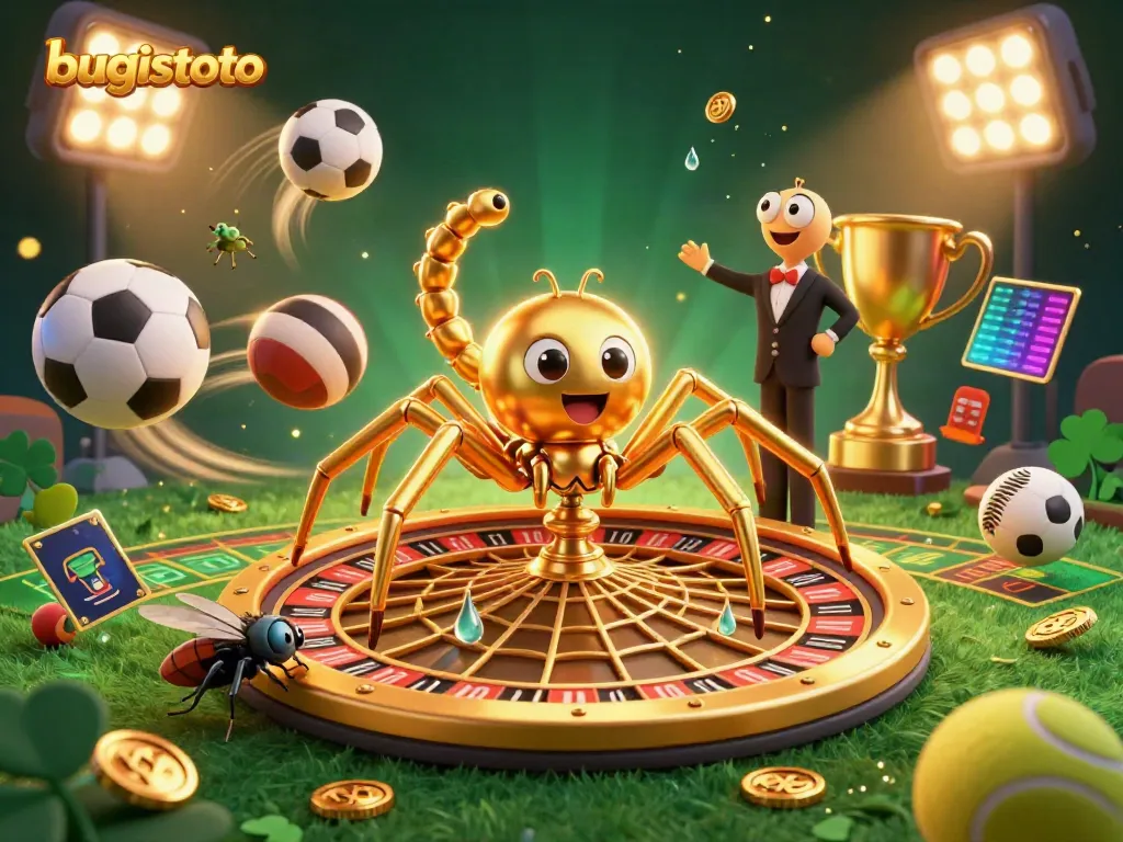 Experience thrilling fun at Bugistoto with a detailed cartoon scene of a spider spinning a roulette web.